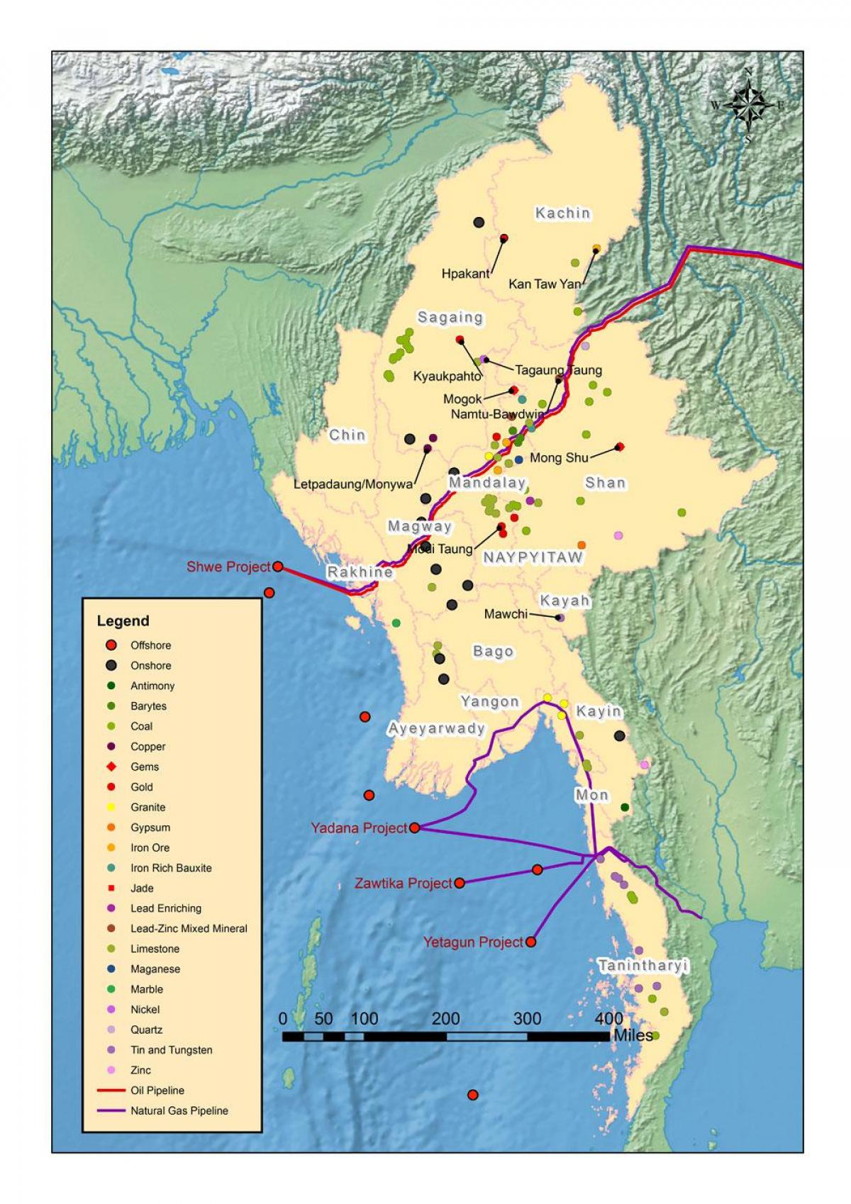 Mapa Myanmaru přírodních zdrojů