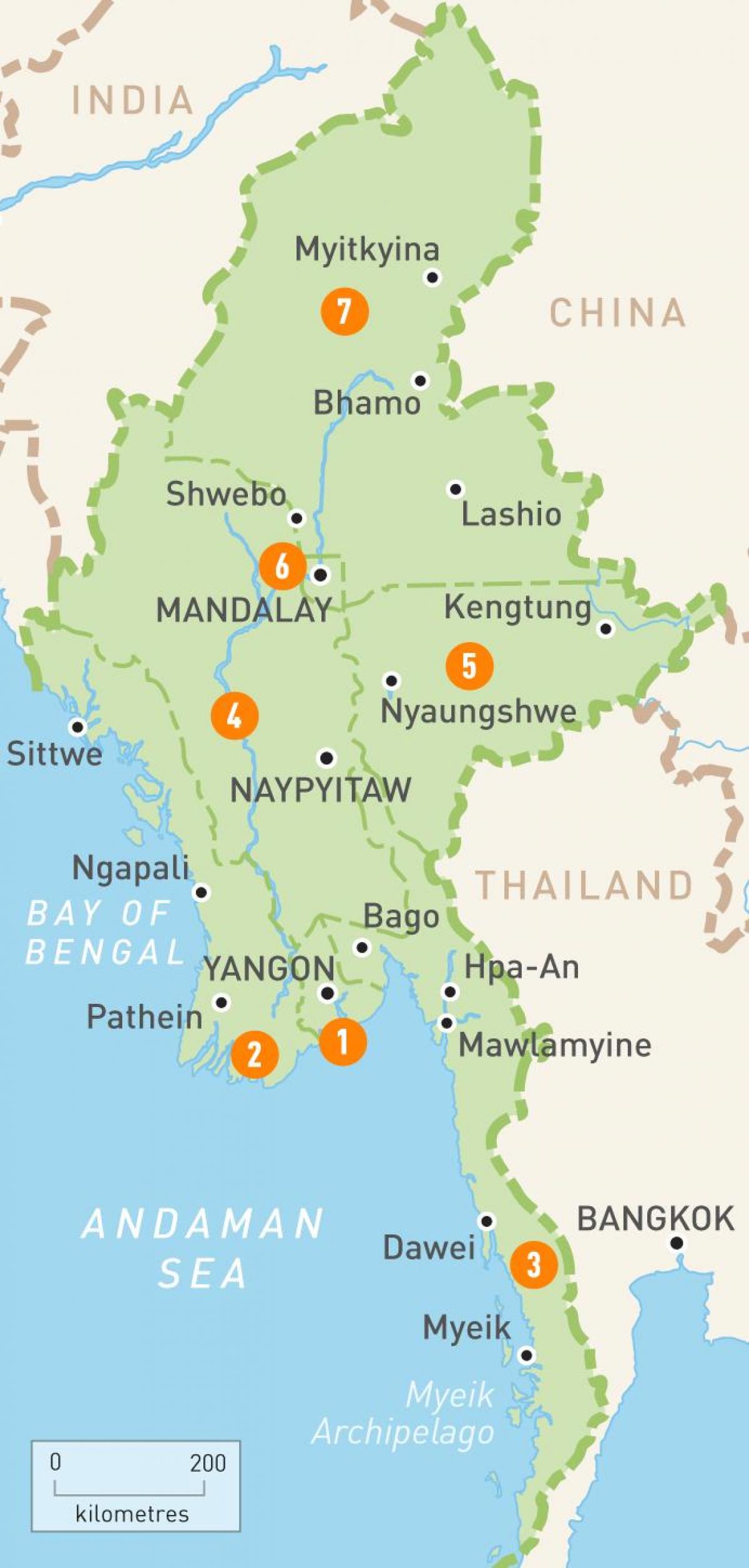 mapa Myanmaru regionů